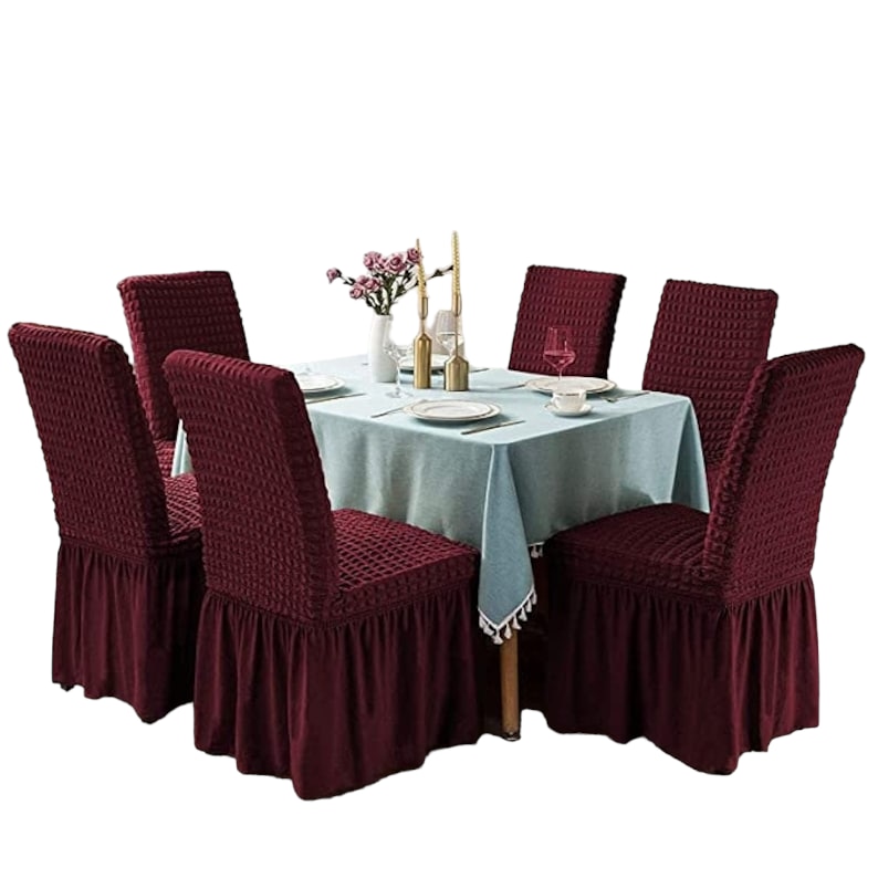 Set 6 Huse Universale Pentru Scaun Creponate Cu Volanase Bordo, 50x40x40 cm