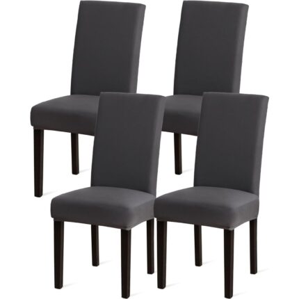 Set 4 Huse Scaun Universale, Elastice, Poliester, Impermeabila, Potrivit pentru sarbatori, nunti, ceremonii, restaurante, decoratiuni de casa, Gri inchis