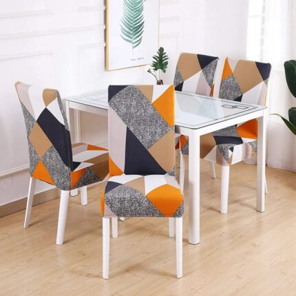Set 6 Huse Universale Blackstore® Supra-Elastice, pentru Scaune Rotunde sau Patrate, Model Gri-Portocaliu