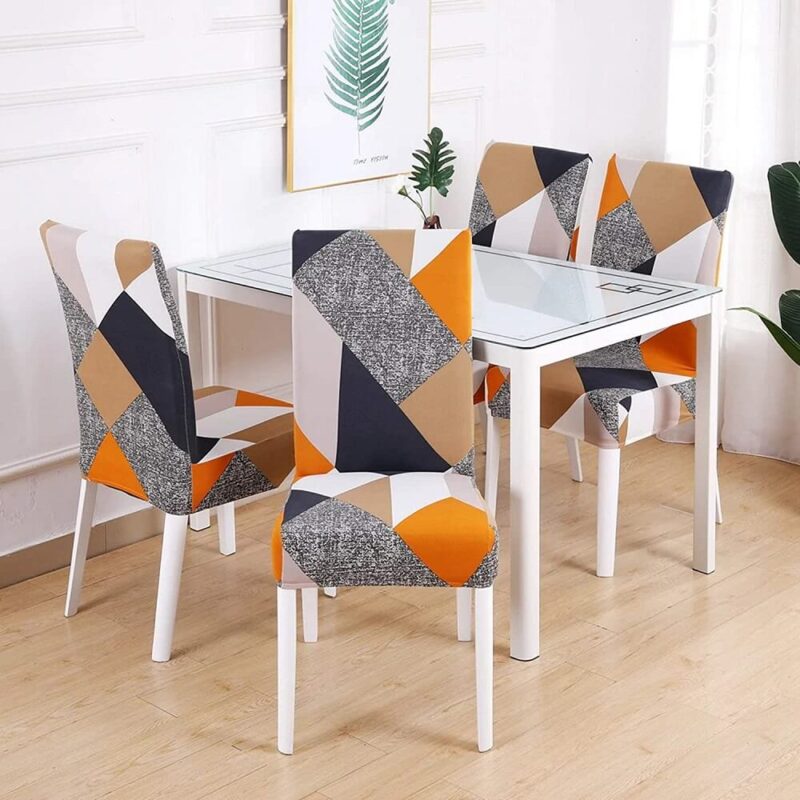Set 6 Huse Universale Blackstore® Supra-Elastice, pentru Scaune Rotunde sau Patrate, Model Gri-Portocaliu