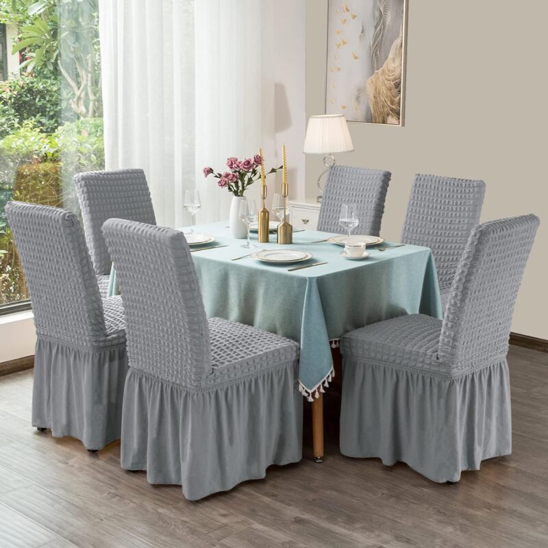 Set 6 Huse Universale Blackstore® Supra-Elastice, pentru Scaune Rotunde sau Patrate, Cu Volanase, Gri Deschis