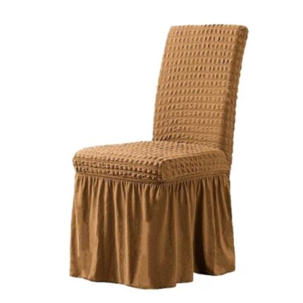 Set 6 huse de scaun, Creponat cu Volanase, Poliester si Licra, Maro Deschis