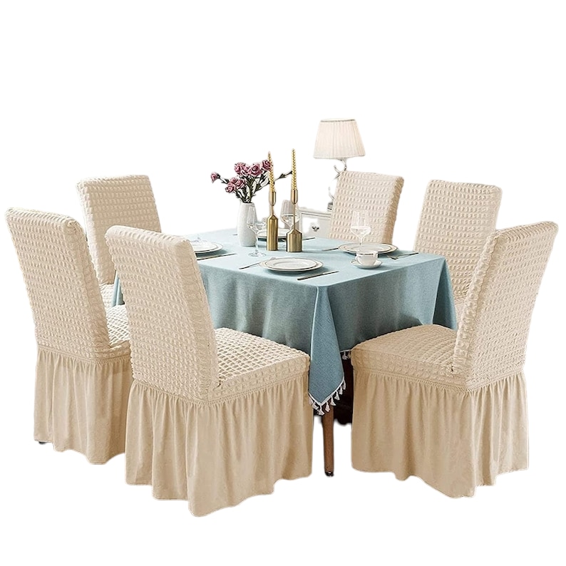 Set 6 Huse Universale Pentru Scaun Creponate Cu Volanase Ivoire, 50x40x40 cm