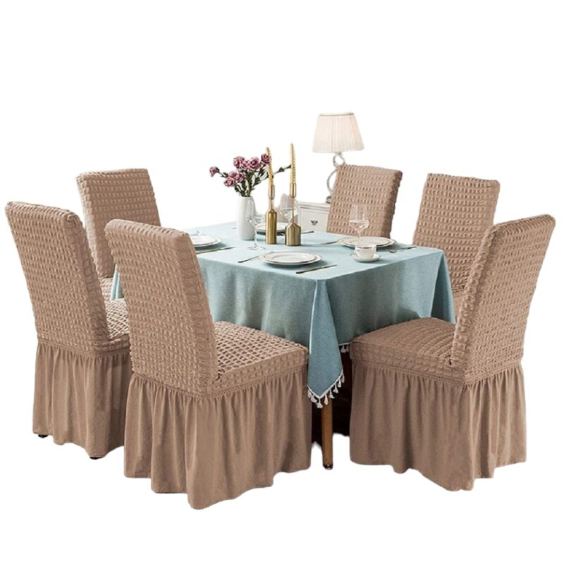 Set 6 Huse Universale Premium Pentru Scaun Creponate Cu Volanase Cafea Cu Lapte, 50x40x40 cm