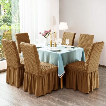 Set 6 Huse Universale Blackstore® Supra-Elastice, pentru Scaune Rotunde sau Patrate, Cu Volanase, Maro Deschis