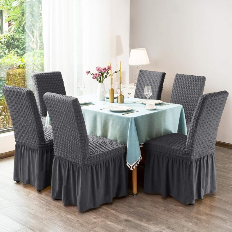 Set 6 Huse Universale Blackstore® Supra-Elastice, pentru Scaune Rotunde sau Patrate, Cu Volanase, Gri Inchis