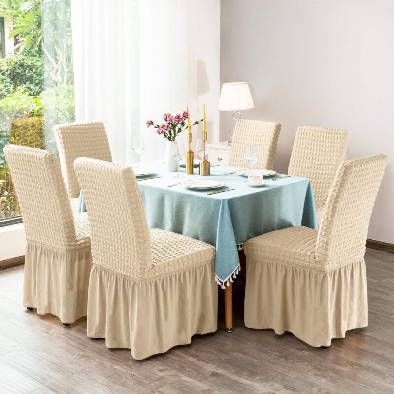 Set 6 Huse Universale Blackstore® Supra-Elastice, pentru Scaune Rotunde sau Patrate, Cu Volanase, Crem