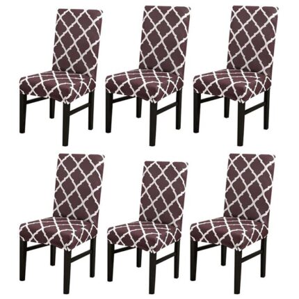 Set 6 huse elastice pentru scaun, Kosiil®, Poliester, 55 x 45 cm, Maro/Alb