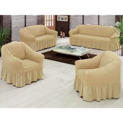 Set huse pentru canapea de 3 locuri si 2 fotolii din bumbac elasticizat si creponat 3-1-1 natural (bej deschis)