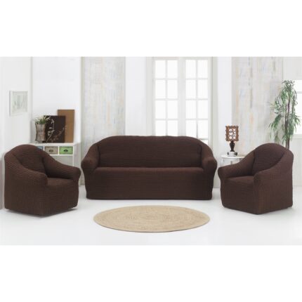 Huse universale set canapea 3 locuri si 2 fotolii elastice creponate Fara Volane maro inchis 311, Artforhome