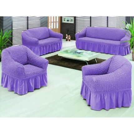 Set huse pentru canapea de 3 locuri si 2 fotolii din bumbac elasticizat si creponat 3-1-1 Lila