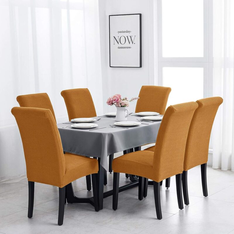 Set 6 Huse Universale Blackstore® Supra-Elastice, pentru Scaune Rotunde sau Patrate, Material Gofrat, Mustar