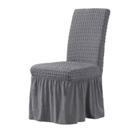 Set 6 huse de scaun, Creponat cu Volanase, Poliester si Licra, Gri Inchis