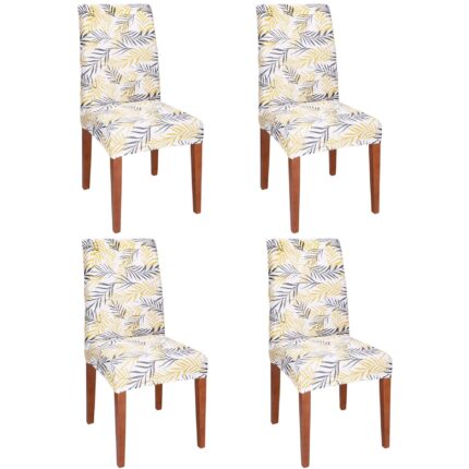Set 4 huse pentru scaun, marime universala, poliester si spandex, 38x70cm, alb, gri si galben