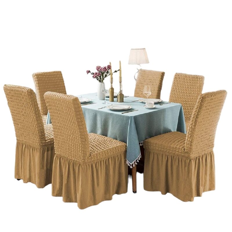 Set 6 Huse Universale Premium Pentru Scaun Creponate Cu Volanase Maro Deschis, 50x40x40 cm
