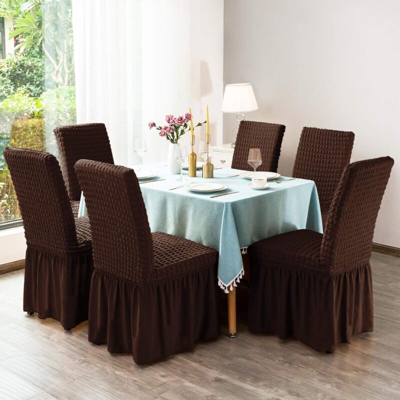 Set 6 Huse Universale Blackstore® Supra-Elastice, pentru Scaune Rotunde sau Patrate, Cu Volanase, Maro Inchis