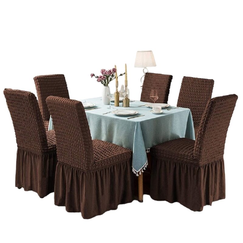 Set 6 Huse Universale Pentru Scaun Creponate Cu Volanase Maro Inchis, 50x40x40 cm
