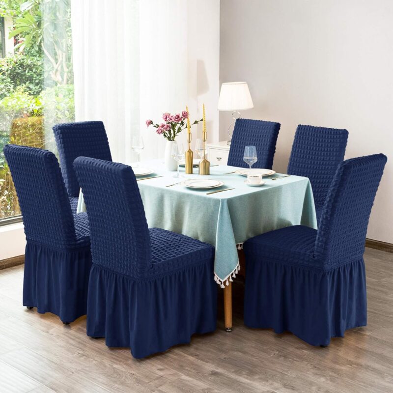 Set 6 Huse Universale Blackstore® Supra-Elastice, pentru Scaune Rotunde sau Patrate, Cu Volanase, Bleumarin