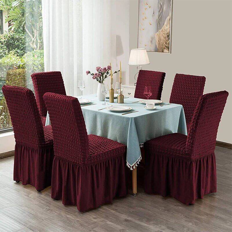 Set 6 Huse Universale Blackstore® Supra-Elastice, pentru Scaune Rotunde sau Patrate, Cu Volanase, Visiniu