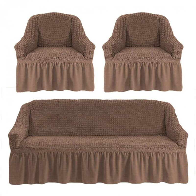 Set huse universale canapea 3 locuri si 2 fotolii elastice si creponate culoare bej inchis capucino 311, Artforhome