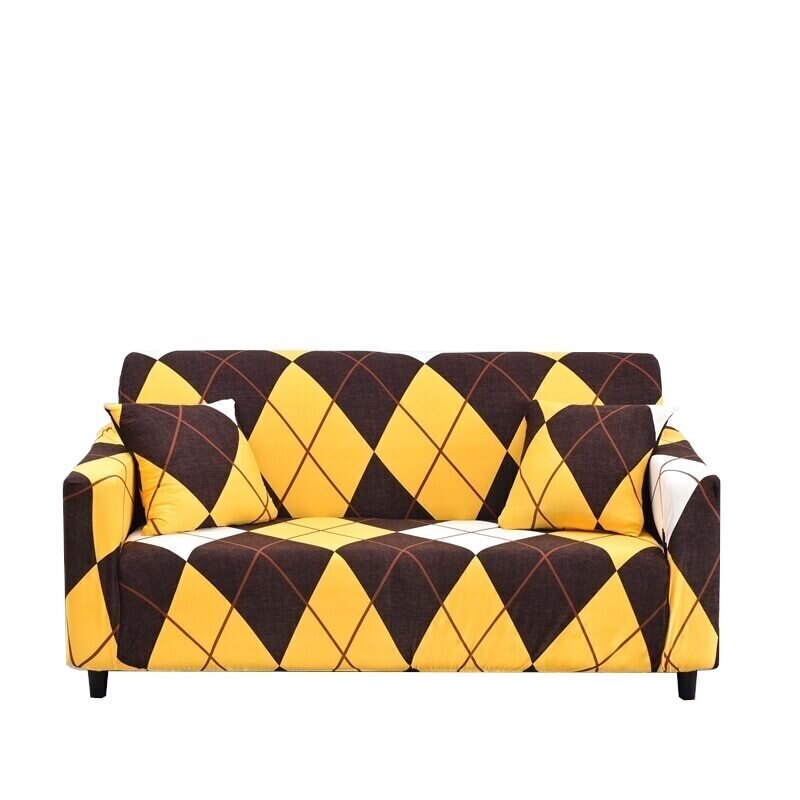 Set husa elastica canapea 2 locuri si 1 fata perna, Geometric B042, SomProduct, Galben / Maro