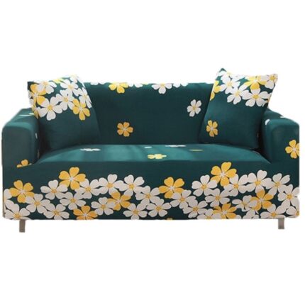 Husa elastica universala pentru canapea si pat, cu 2 fete de perna, verde cu imprimeu flori , 230 x 190 cm