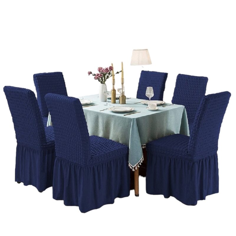 Set 6 Huse Universale Premium Pentru Scaun Creponate Cu Volanase Albastru Inchis, 50x40x40 cm