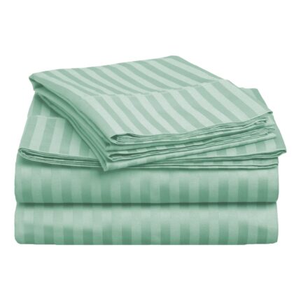 Cearsaf de pat 2 persoane Damasc Bumbac 100% tip Hotel cu dunga 1 cm, 220x240 cm, Verde Mint, Pucioasa