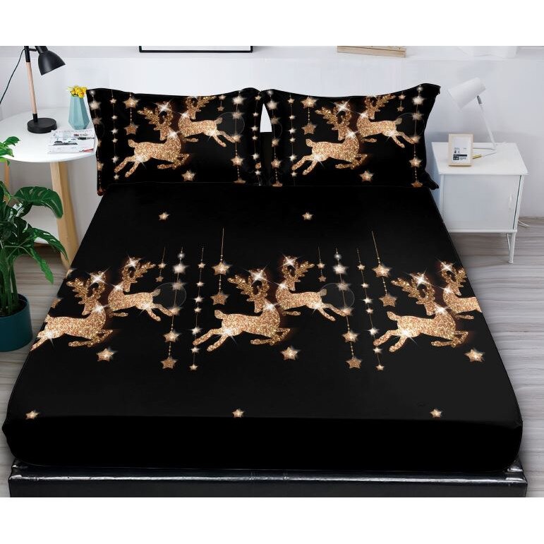 res_9d8c6fa8e7afac829a10451adb9a1d4b Husa de pat si 2 fete de perna, cearsaf cu elastic, Pucioasa, Finet, 2 persoane, imprimeu Reni, 180x200cm, Negru-Auriu