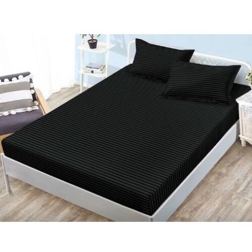 Set husa de pat cu elastic si 2 fete de perna, KDF, damasc, 160x200 cm, negru