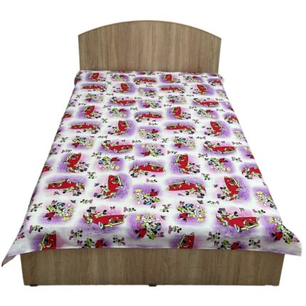 Cearceaf alb/mov, 250x215cm pentru pat mediu, pentru saltea mai mare de 180 cm, "La plimbare cu Mickey si Minnie Liz Line" din bumbac 100% - C25023