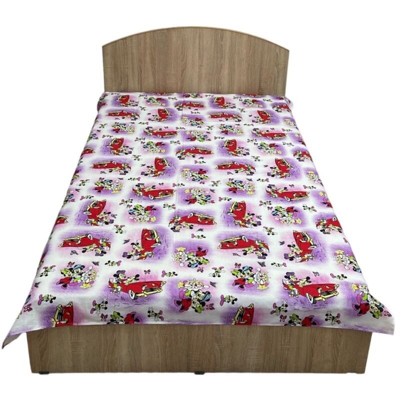Cearceaf alb/mov, 250x215cm pentru pat mediu, pentru saltea mai mare de 180 cm, "La plimbare cu Mickey si Minnie Liz Line" din bumbac 100% - C25023