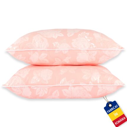 Set de 2 Perne cu puf si pana de gasca, 70cm x 70cm, roz cu trandafiri argintii