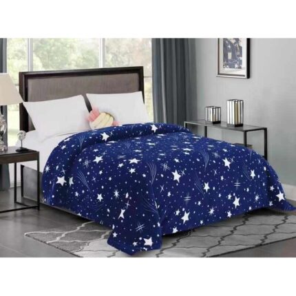 Patura cocolino pentru pat dublu 200 x 220 cm albastra cu cm model stelute albe