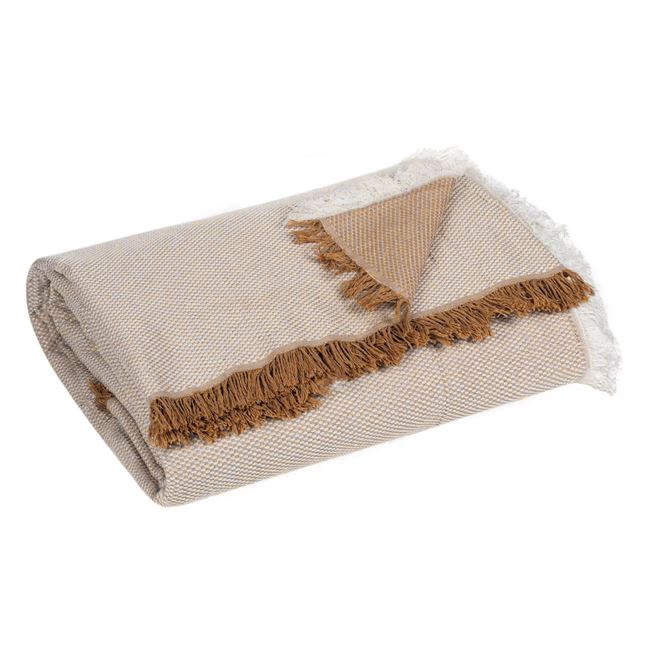 Cuvertura canapea doua locuri, cu model si aplicatii decorative, 230 x 180 cm, bej
