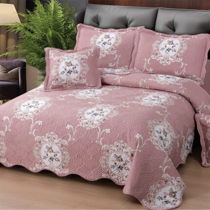 Cuvertura de Pat cu 4 Fete de Perna, Pat 2 Persoane, 100% Bumbac, 230x250, Roz/Alb
