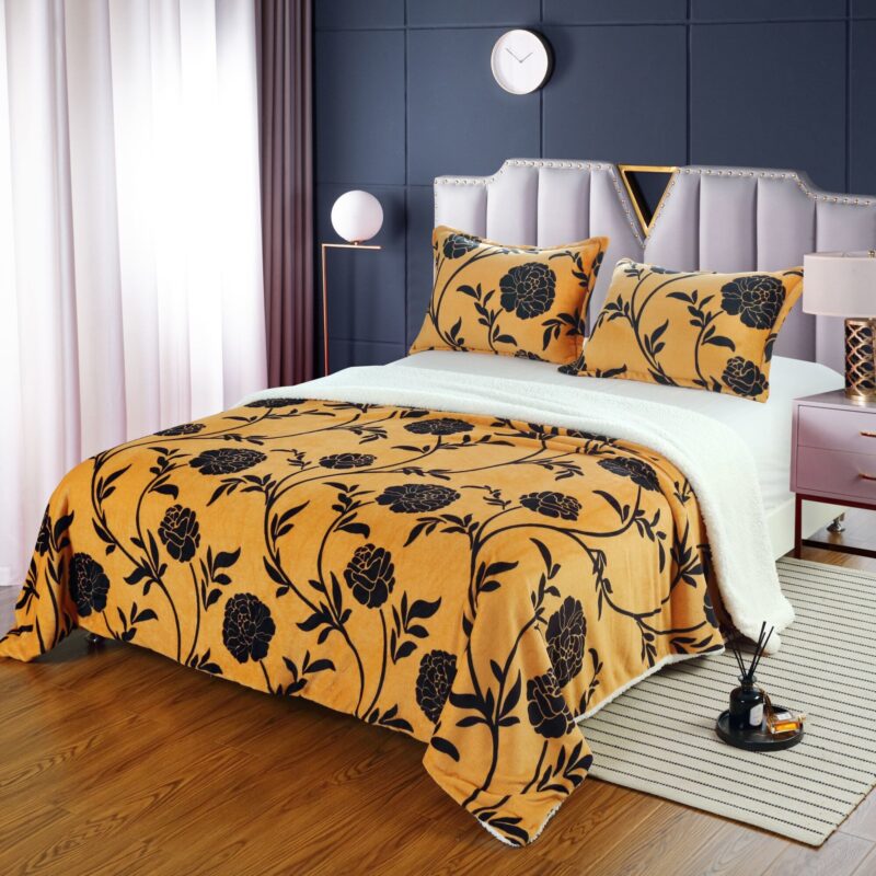 Set Patura Cocolino cu Blanita, 3 Piese, pentru Pat Dublu, 2 Fete de Perna, 200x230 cm, Portocaliu cu Flori