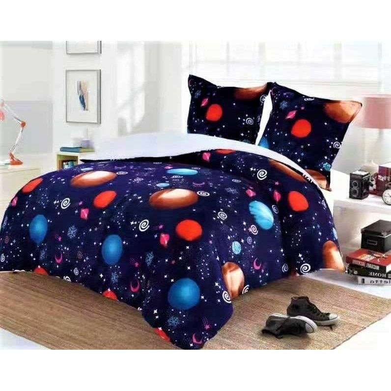 Set Patura Cocolino cu Blanita, 3 Piese, pentru Pat Dublu, 2 Fete de Perna, 200x230 cm, Albastru cu Planete
