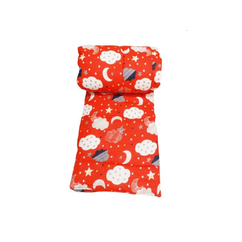 Pilota 140x200cm, umplutura microfibra, 300gr/mp, tesatura bumbac, model luna/stele, rosu