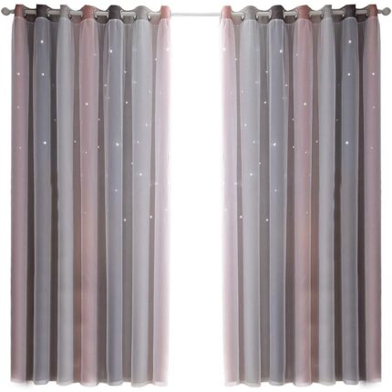 Set draperii dublu strat cu stele perforate, gri, pentru living si camera copii
