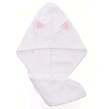 Prosop Din Microfibra Stil Turban GREATON Pentru Baie, Copii Si Adulti, Uscare Rapida Par Lung, Fixare Cu Nasturi, Model Pisica, 22 x 62 cm, Alb