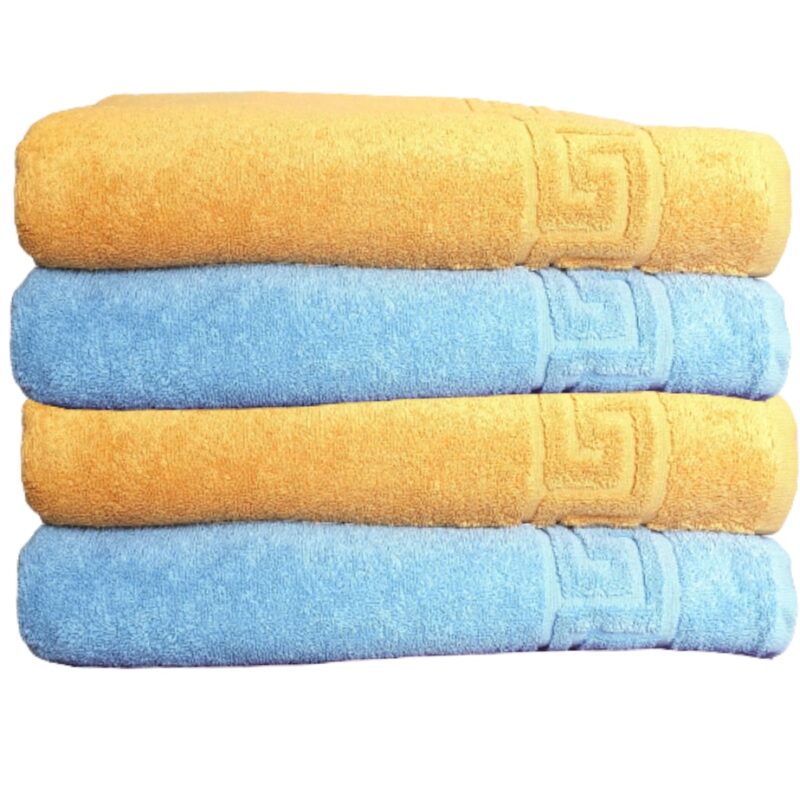 Set Prosoape Pufoase Hoteliere, 70cm x 140cm, 4 Piese, Model Greek,100% Bumbac, Densitate 550g/mp, Mustar-Blue Sky