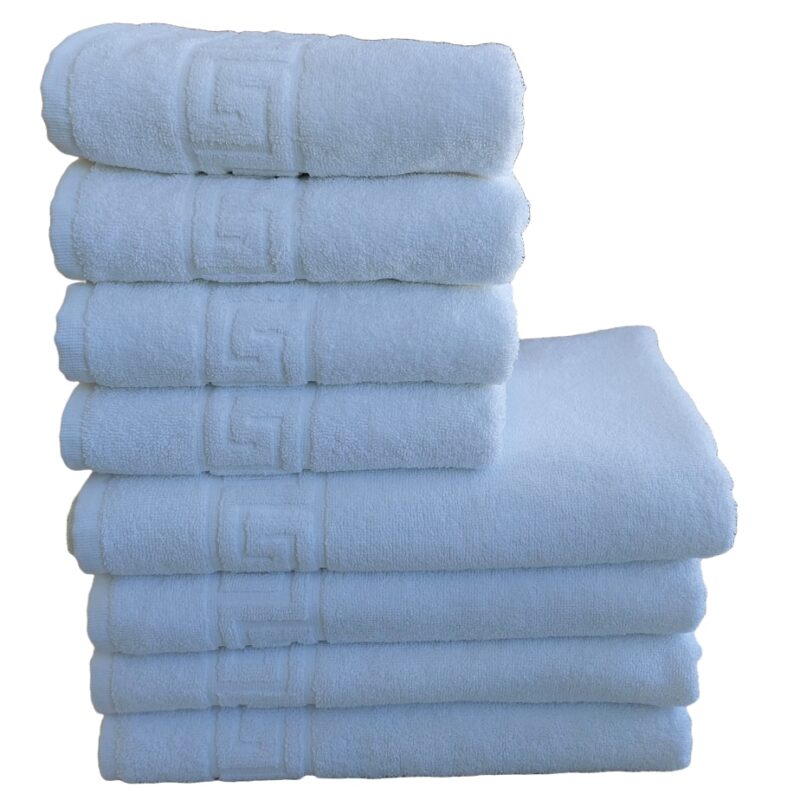 Set Prosoape Pufoase Hoteliere, 8 Piese, Model Greek, 100% Bumbac, Densitate 550g/mp, Alb