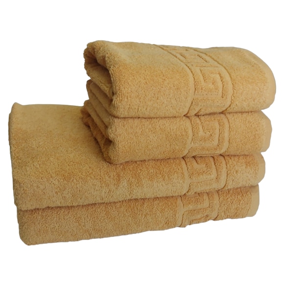 Set Prosoape Pufoase Hoteliere, 4 Piese, Model Greek,100% Bumbac, Densitate 550g/mp, Mustar