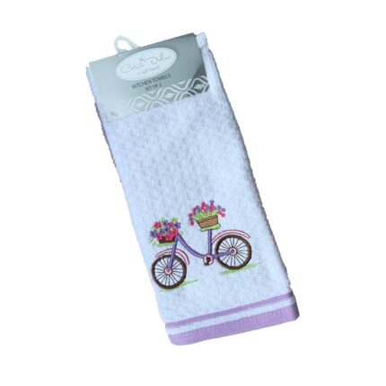 Set 2 prosoape bucatarie cu broderie, bumbac 100%, dimensiune 40x60cm, Coton Delux, Bicicleta cu flori