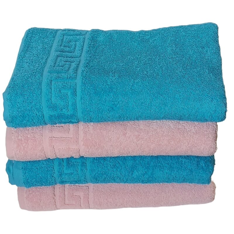 Set Prosoape Pufoase Hoteliere, 70cm x 140cm, 4 Piese, Model Greek, 100% Bumbac, Densitate 550g/mp, Roz-Blue Sky