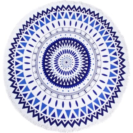 Prosop de plaja rotund mandala, uscare rapida, 150 cm, Albastru/Alb