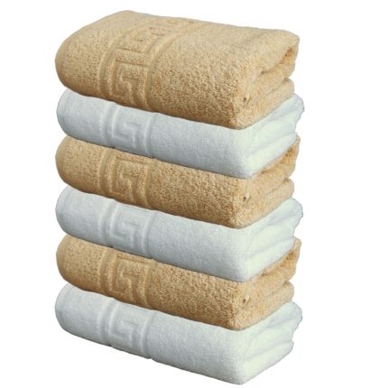 Set Prosoape Pufoase Hoteliere, 50cm x 90cm, 6 Piese, Model Greek, 100% Bumbac, Densitate 550g/mp, Mustar-Ivoire
