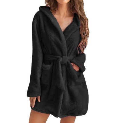 Halat de baie dama, Darklove, Cu centuri si 2 buzunare, Cald din plus, Confortabil si respirabil, Absorbant de apa, Masina de spalat, Perfect pentru spa-uri si hoteluri, Culoare negru, Marime M, Poliester
