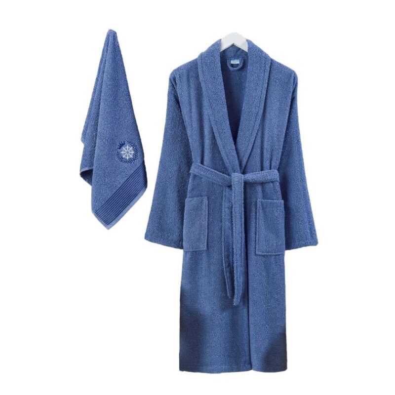 Set halat de baie Unisex si prosop Navy Mila Home, marime halat M, prosop 50x90 cm, 100% bumbac, 420 GSM, broderie, albastru